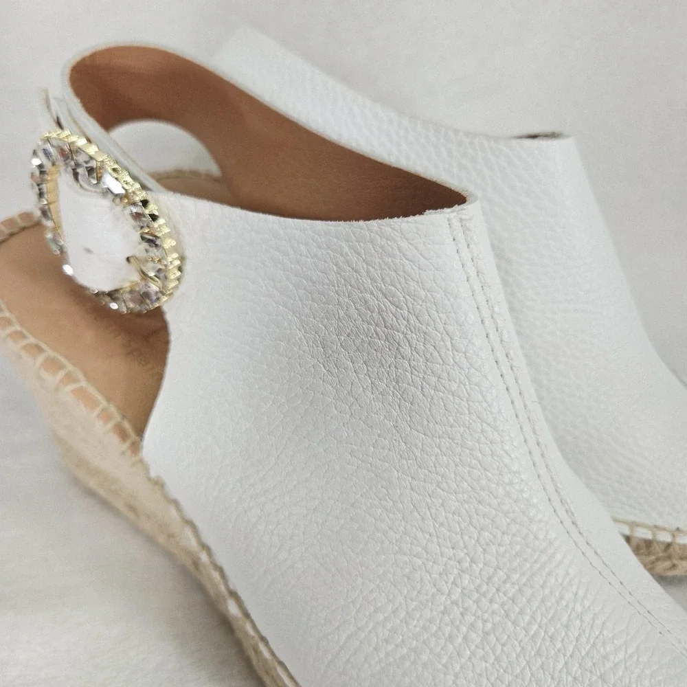 Maypol Sandal Womens 8.5 White Leather Espadrille Wedge Rhinestone Anthropologie